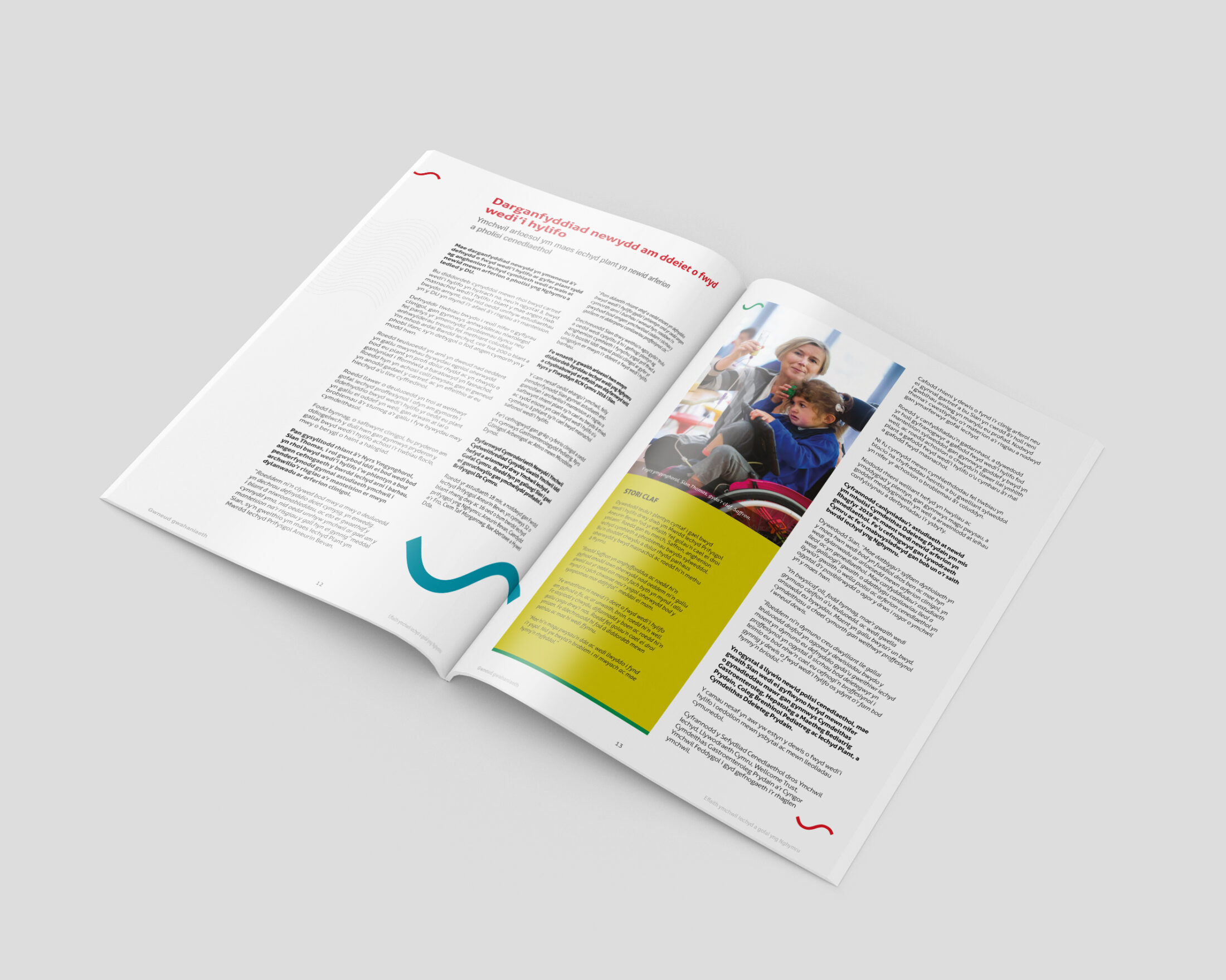 Open report spread featuring an article with the header 'Barriers to inclusion in education for young people with Type 1 diabetes'. The left page has a yellow sidebar with a case study, while the right page includes an inset photo of a child in a wheelchair with an adult in a classroom setting.