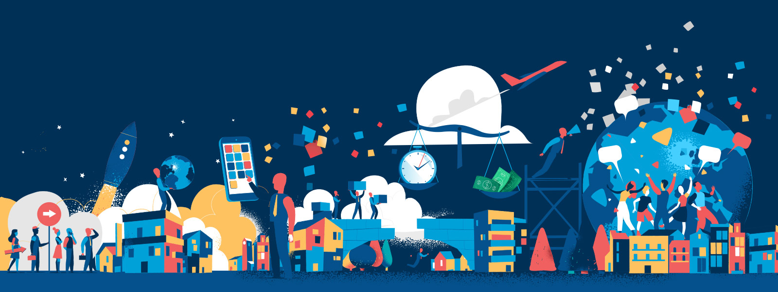 Vibrant graphic banner showing a stylized cityscape with various elements representing innovation and community. Features include a rocket launch, people using technology, a globe, and icons of financial growth and communication, all set against a dark blue background.