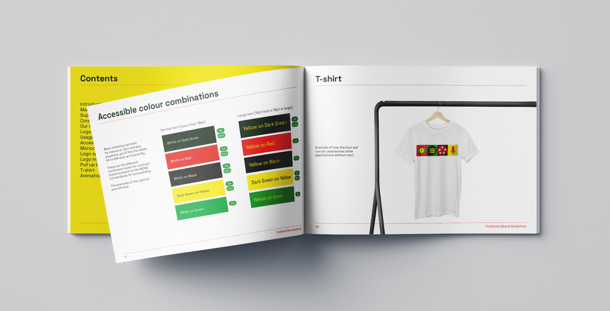 Ymddiried Brand Guidelines document showing accessible colour combinations on the left page, and branded Ymddiried t-shirt on the right page.