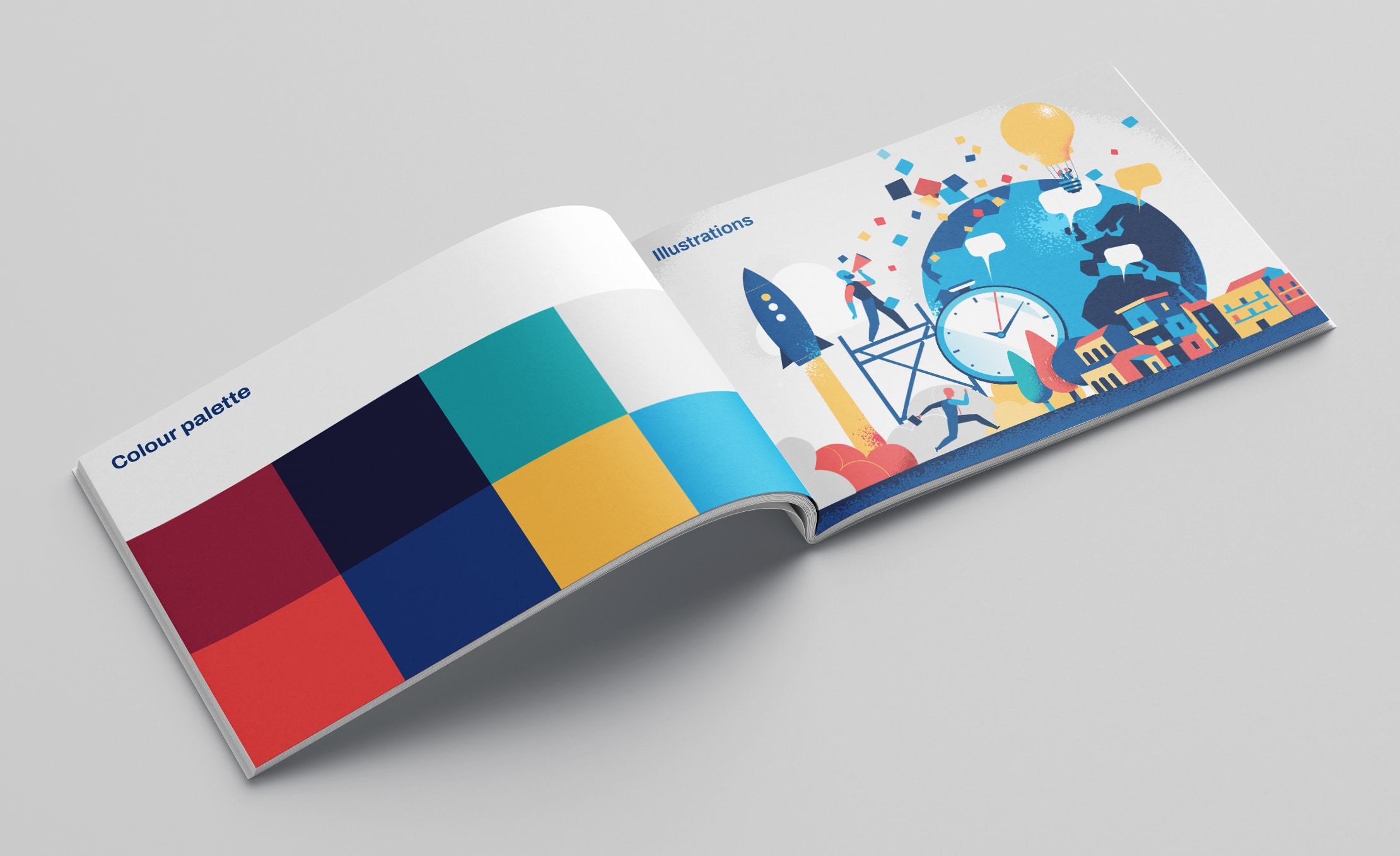 Brand guidelines booklet opened to a 'Colour Palette' page with six swatches on the left, and an 'Illustrations' page on the right featuring stylised graphics including a rocket, figures, and a globe in the palette colours.