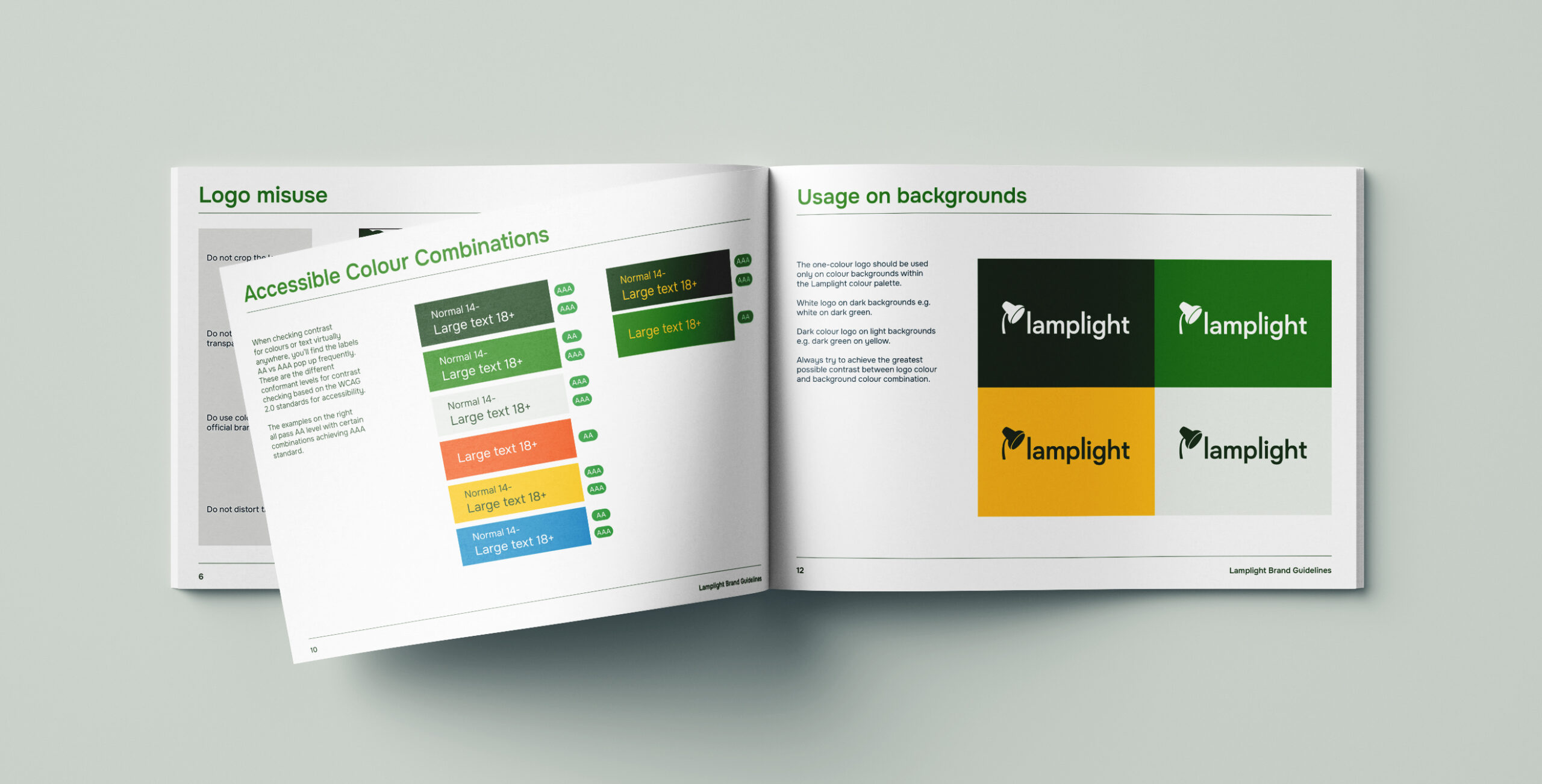 Lamplight brand guidelines document open on a desk, highlighting accessibility standards and inclusive design principles.