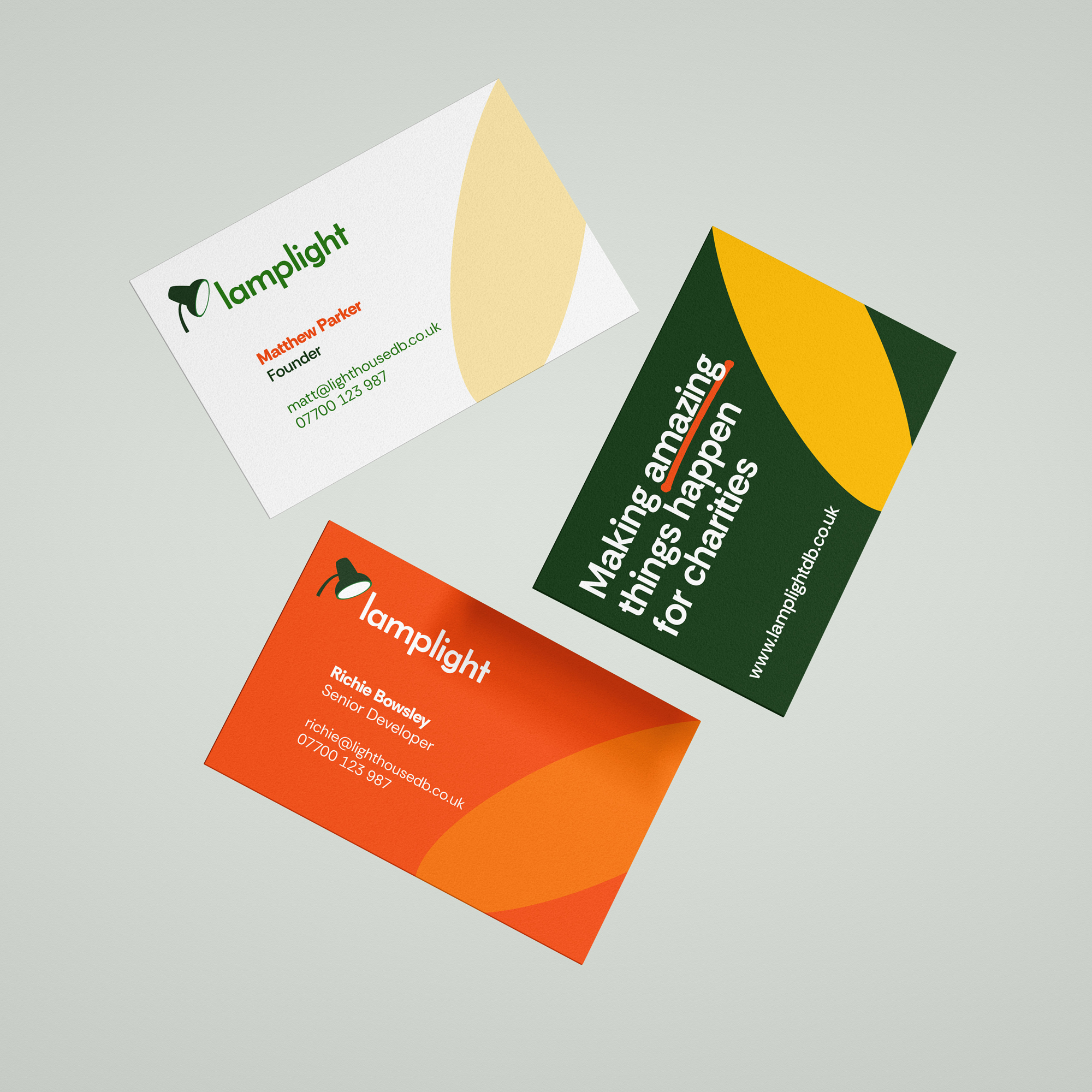 Lamplight branded business cards with clean, accessible design reflecting the organisation’s inclusive values