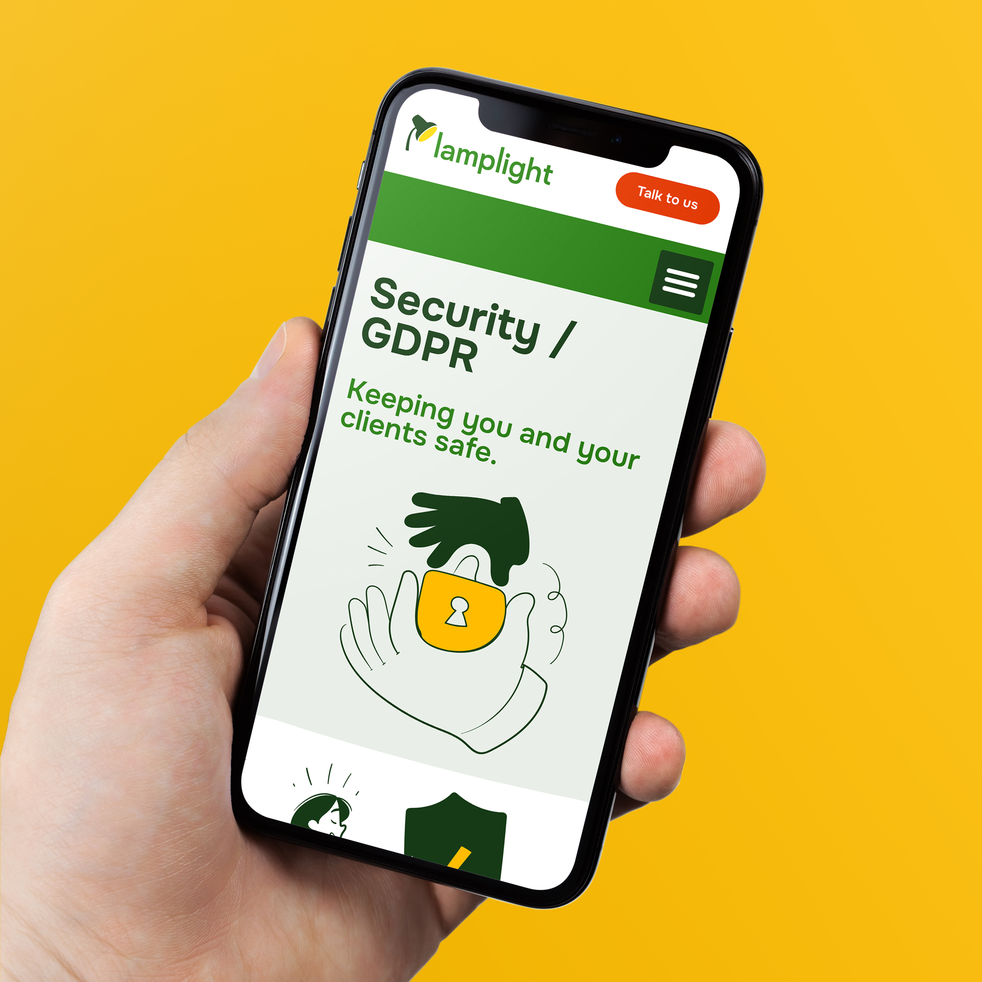 Lamplight mobile optimised website displayed on a smart phone, showcasing accessible, user-friendly websites for charities and non-profits on the go.