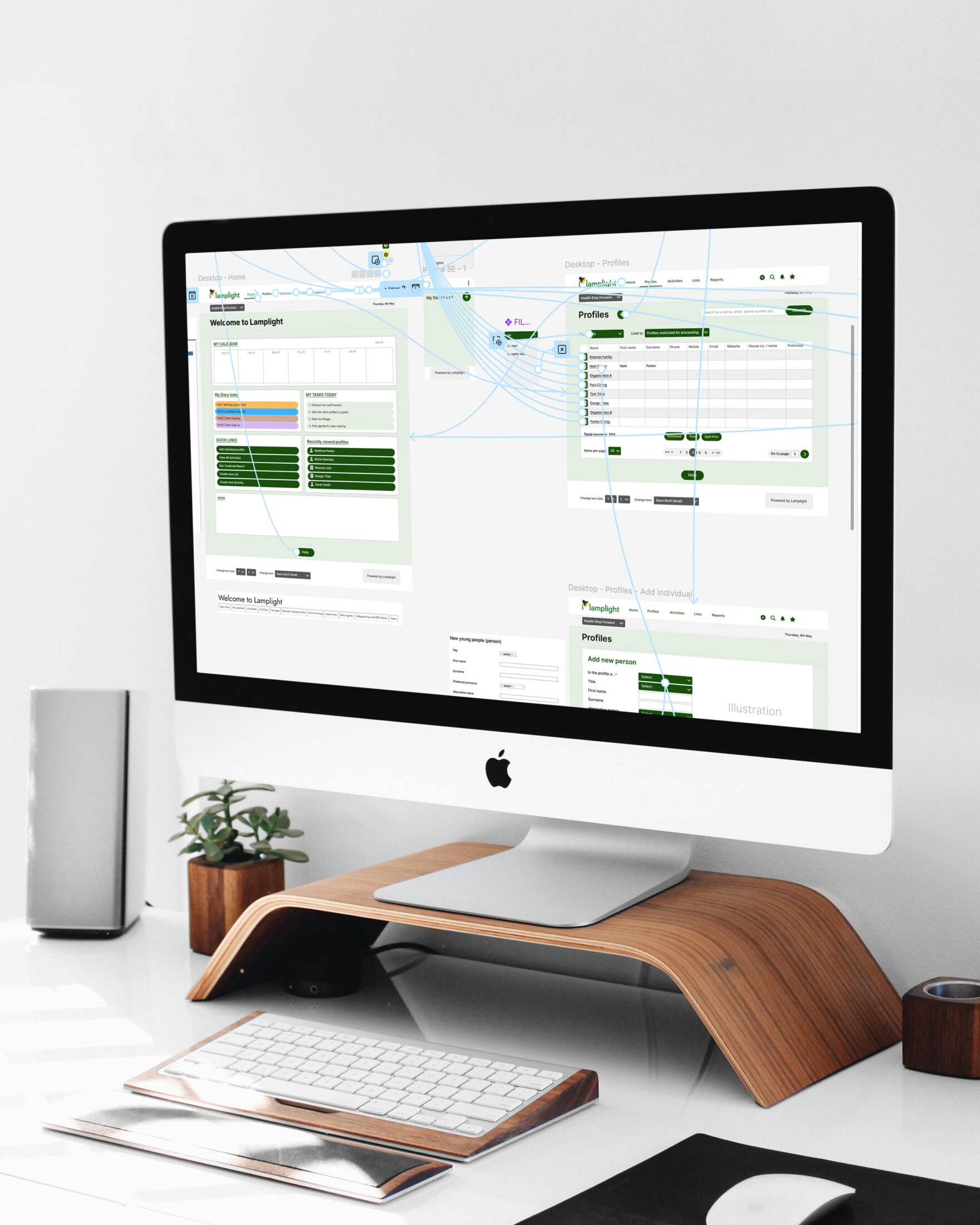 Lamplight CRM UX mockup on iMac showing interface and navigation improvements