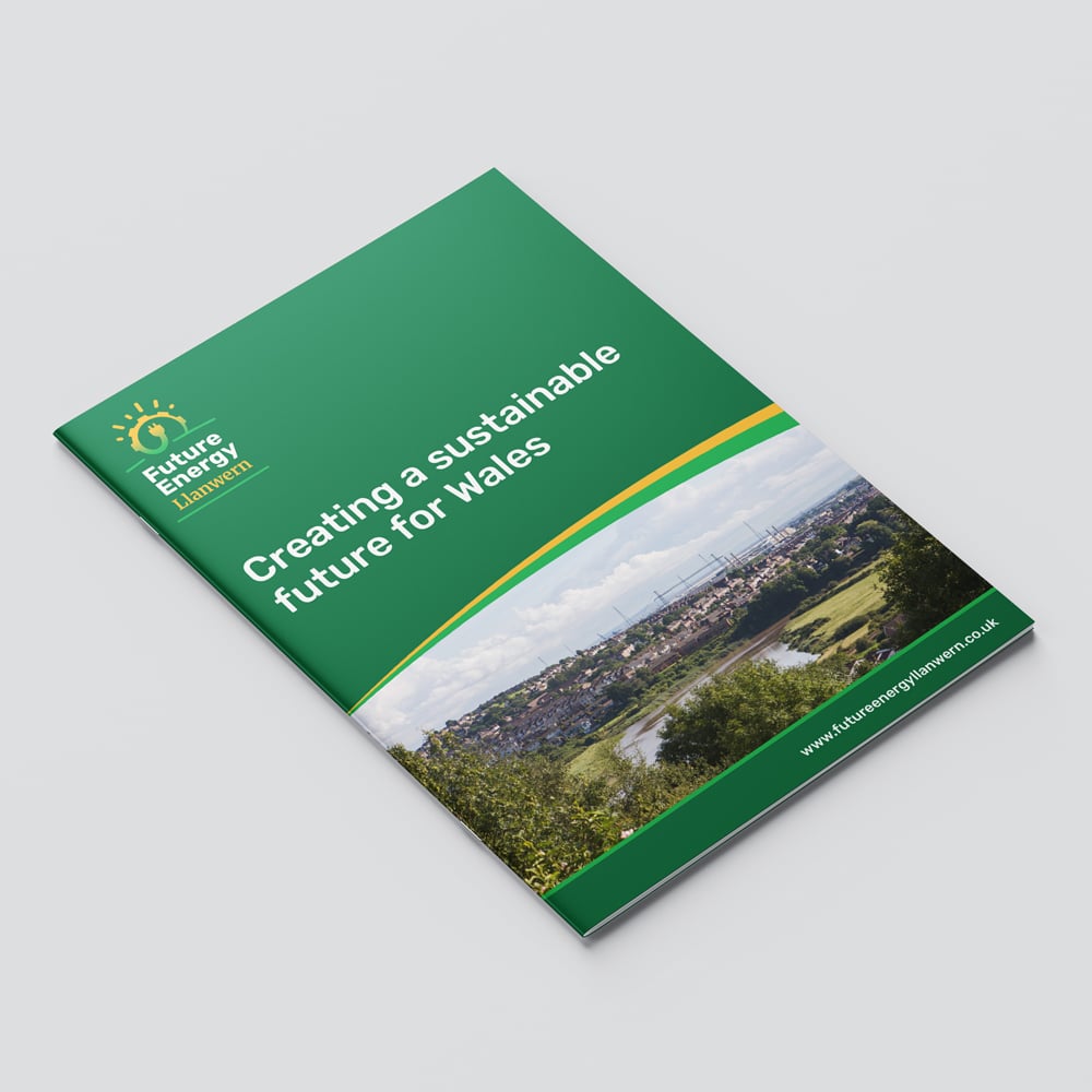 Printed brochure cover for 'Future Energy Llanwern' featuring the title 'Creating a sustainable future for Wales' with a green and yellow design and a scenic landscape image.