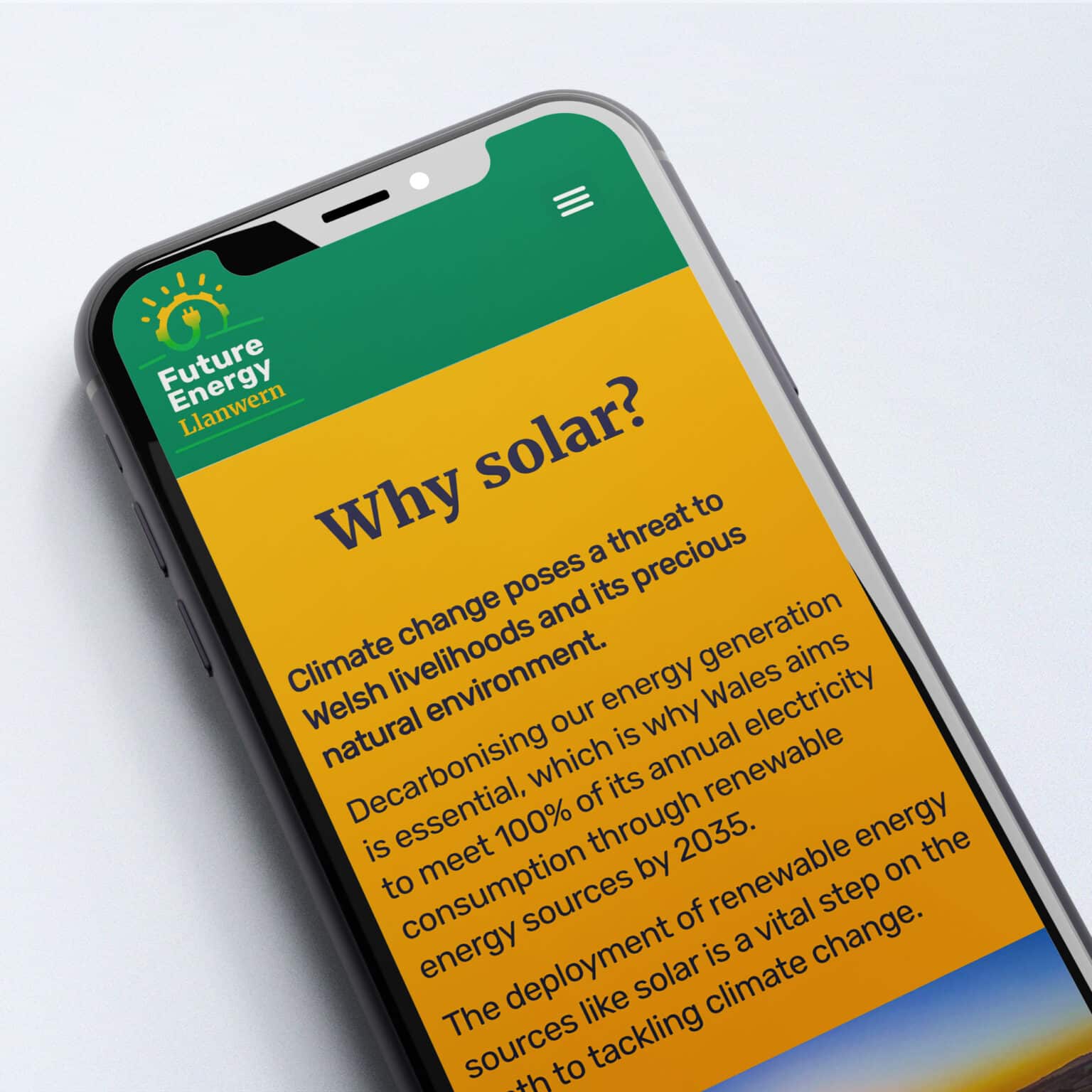 Mobile phone screen displaying the 'Future Energy Llanwern' website with a section titled 'Why solar?' on a yellow background, explaining the importance of renewable energy in Wales.