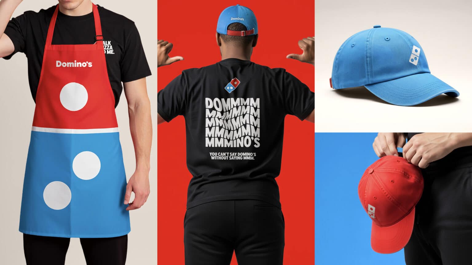 Domino’s brand refresh on uniforms: red-blue apron, “Dommm…” graphic tee, and branded caps.
