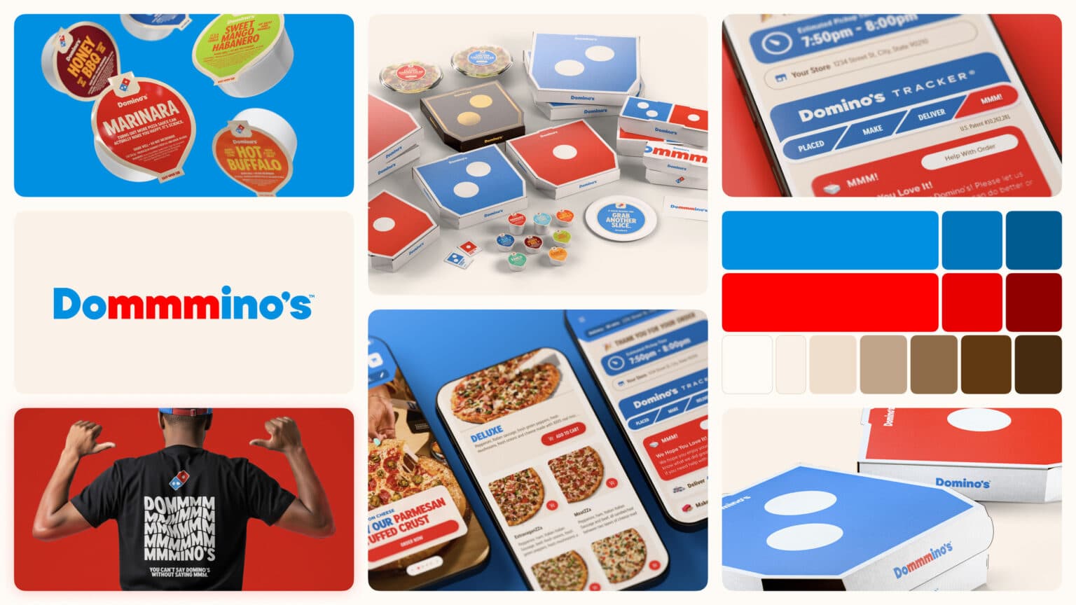 Domino’s 2025 brand system overview: wordmark, colour swatches, packaging range and app screens.