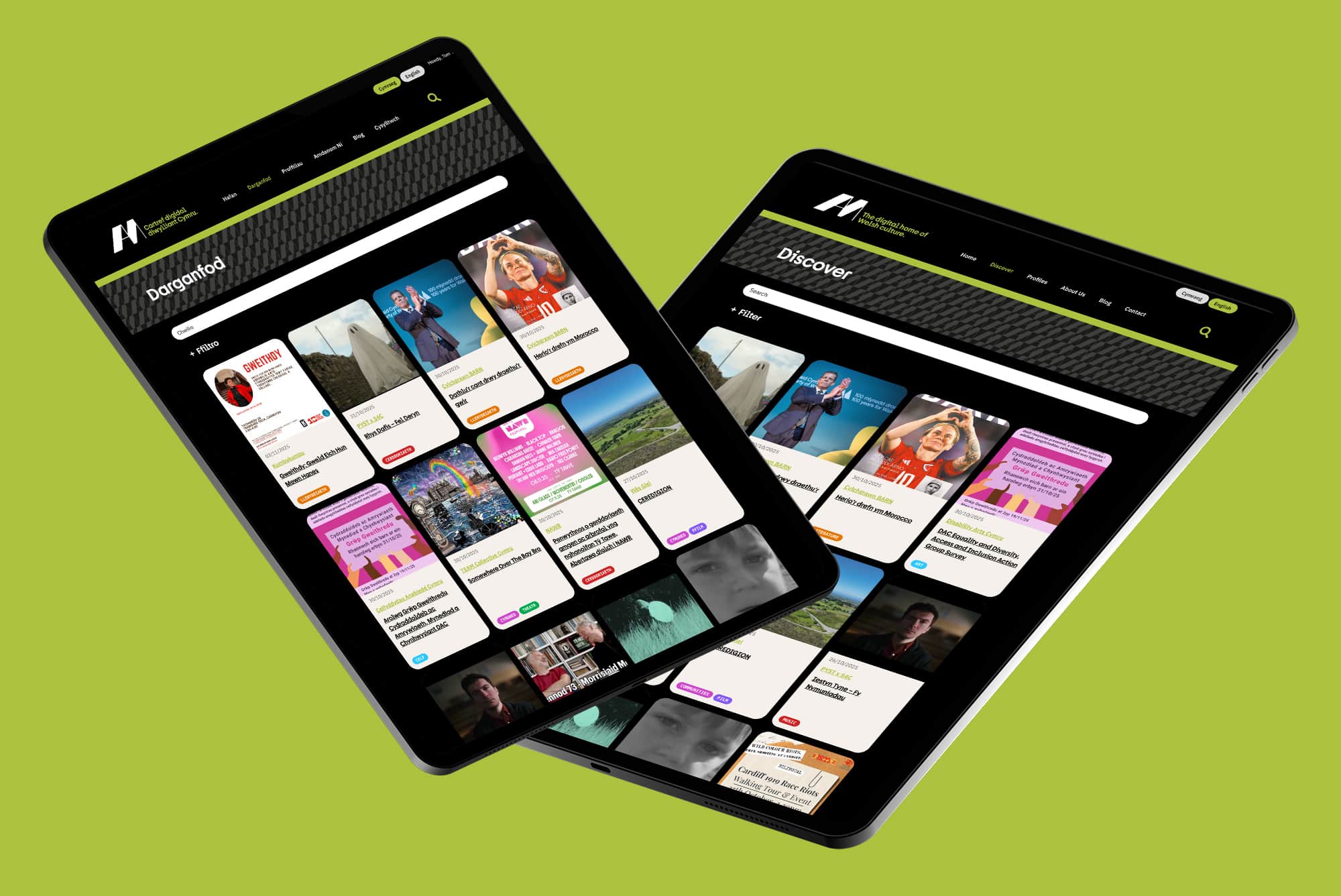 Am bilingual WordPress website on tablets showing the Discover grid and filters; responsive web design and development by Design Tribe, Wales.