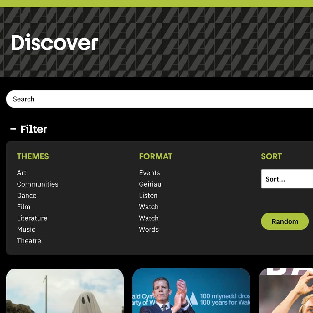 Custom filters on the Am bilingual WordPress website—Themes, Format and Sort on the Discover page; Design Tribe web design, Wales.