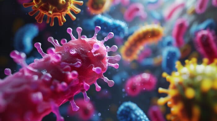 Colourful close-up scientific illustration of cellular and microbial structures in a vibrant microscopic-style scene.