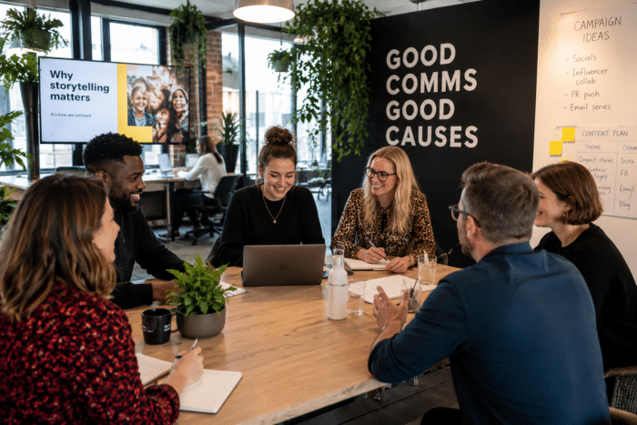 Charity communications team discussing creative design needs